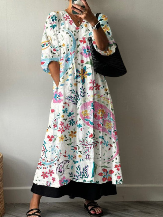 Women's Vintage Fresh Paisley Flowers Print Pocket V-neck Cotton Dress