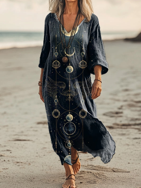 Women's Moon Art Print Pocket Cotton Dress