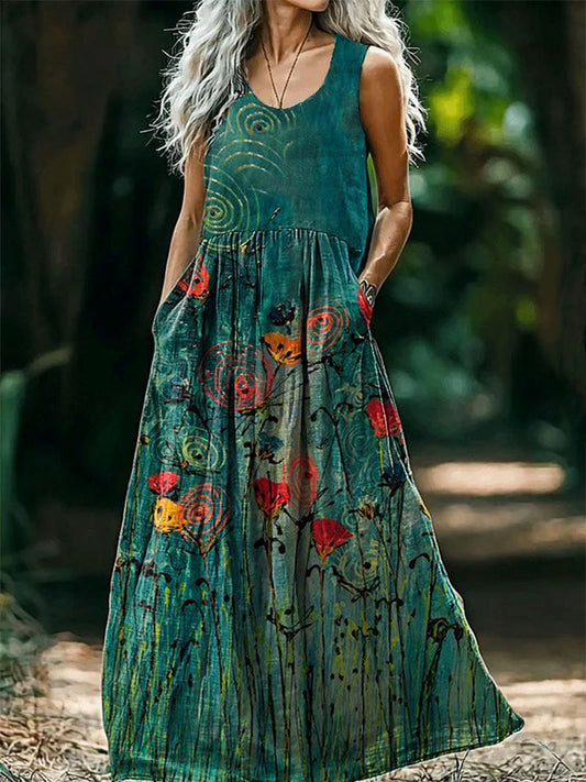 Women's Floral Art Print Round Neck Sleeveless Cotton Pocket Dresses