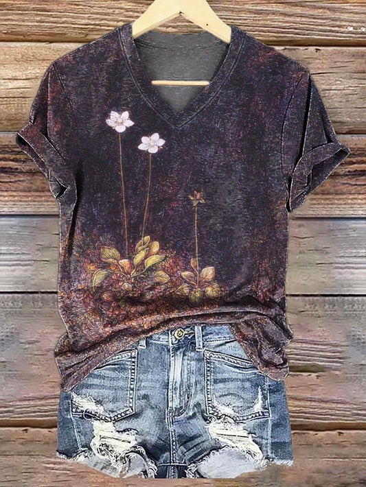 Women's Vintage Floral Print V-Neck Comfort Cotton T-Shirt