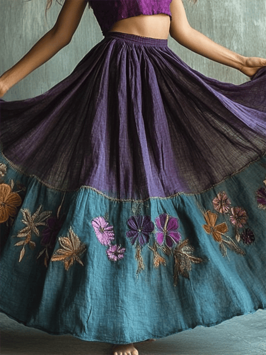 Women's Vintage Floral Embroidered Art Linen Blend Skirt