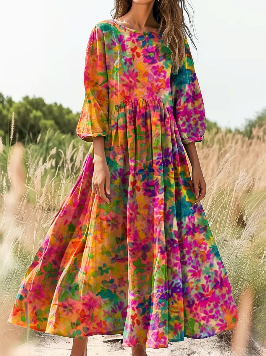 Women's Watercolor Floral Art Print Flowy Cotton Crew Neck Dress
