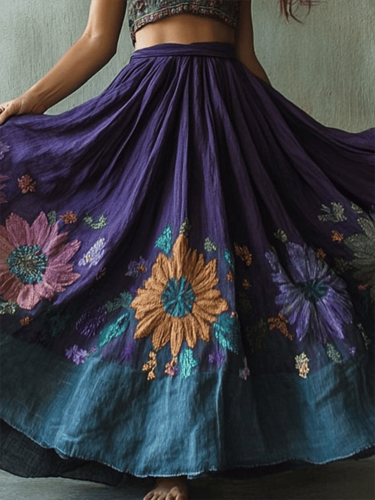 Women's Vintage Floral Embroidered Art Linen Blend Skirt