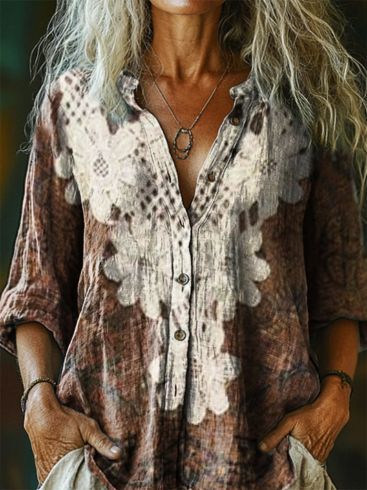 Women's Vintage Lace Floral Art Print Casual Cotton Linen Shirt