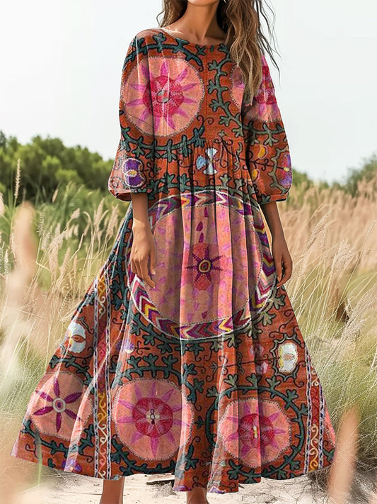 Women's Vintage Ethnic Floral Art Print Flowy Cotton Crew Neck Dress