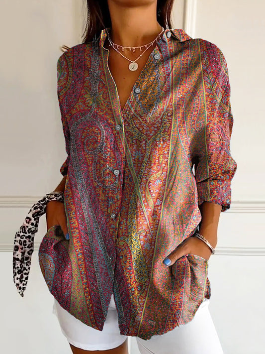 Women's Retro Paisley Floral Art Print Casual Cotton Shirt