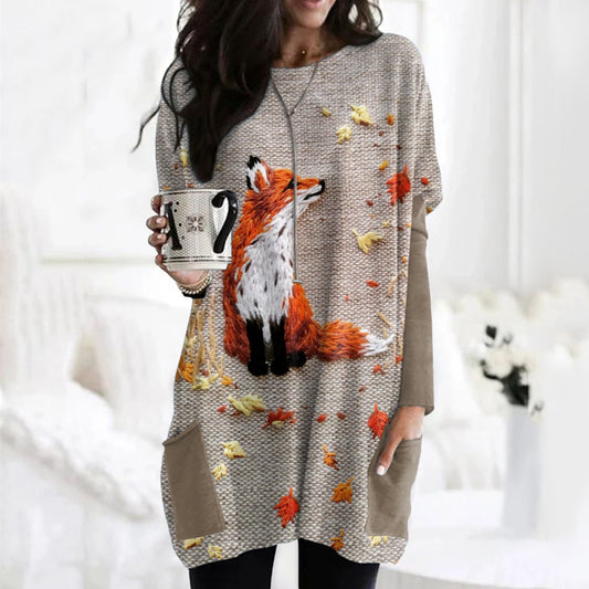 Comstylish Fall Fox Autumn Art Embroidered Comfy Tunic