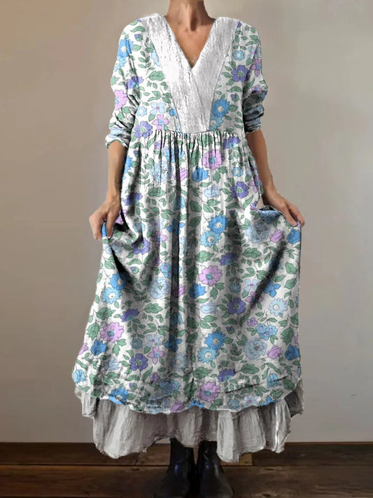 Women's Flower Art Print V-Neck Pocket Cotton Dress