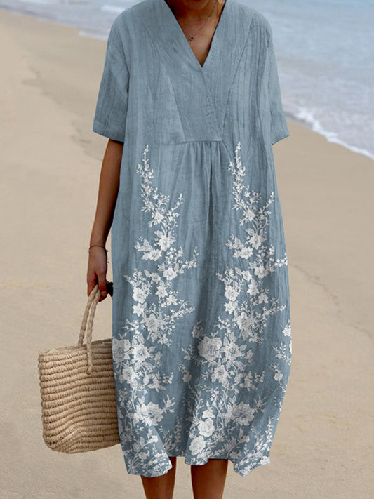 Vintage Lace Art Casual V Neck Midi Dress