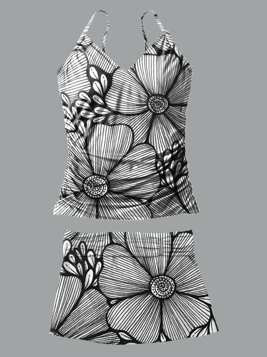 Line Flower V-Neck Vintage Flowers Print Suspender Skirt Tankini Pantskirt Set Swimsuit