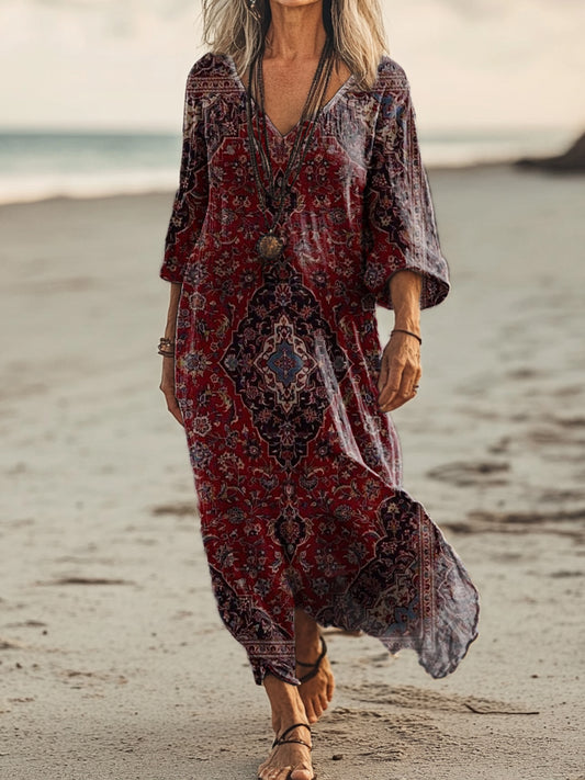 Women's Retro Ethnic Totem Art Print Pocket Cotton Dress