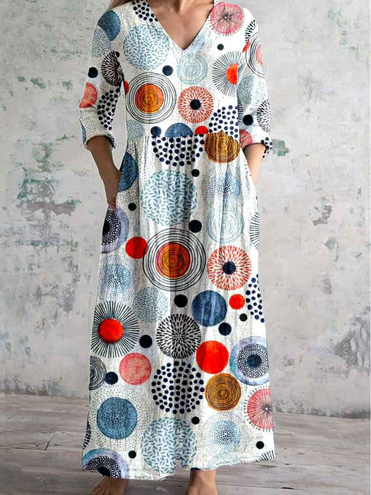 Women's V-neck Seaweed Pattern Resort Style Cotton And Linen Dress Wit