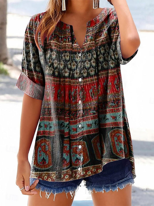 Women's Vintage Ethnic Style Tattoo Pattern Art Printed Cotton Linen S