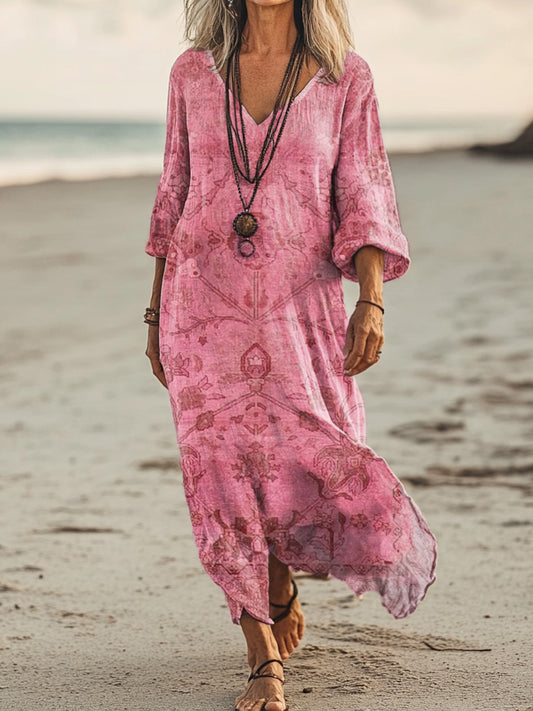 Women's Ethnic Floral Art Print Pocket Cotton Dresses