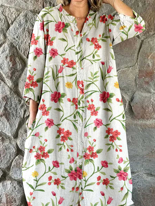 Women's Resort Art Floral Pattern Cotton Shirt Dress