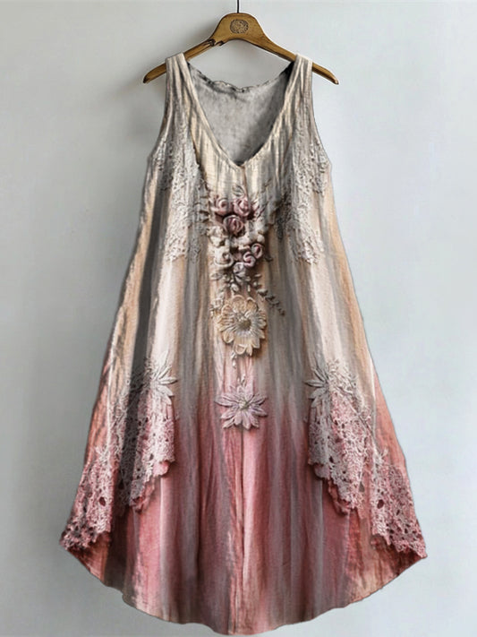 Women's Vintage Lace Floral Art Print V-neck Pocket Cotton Dress