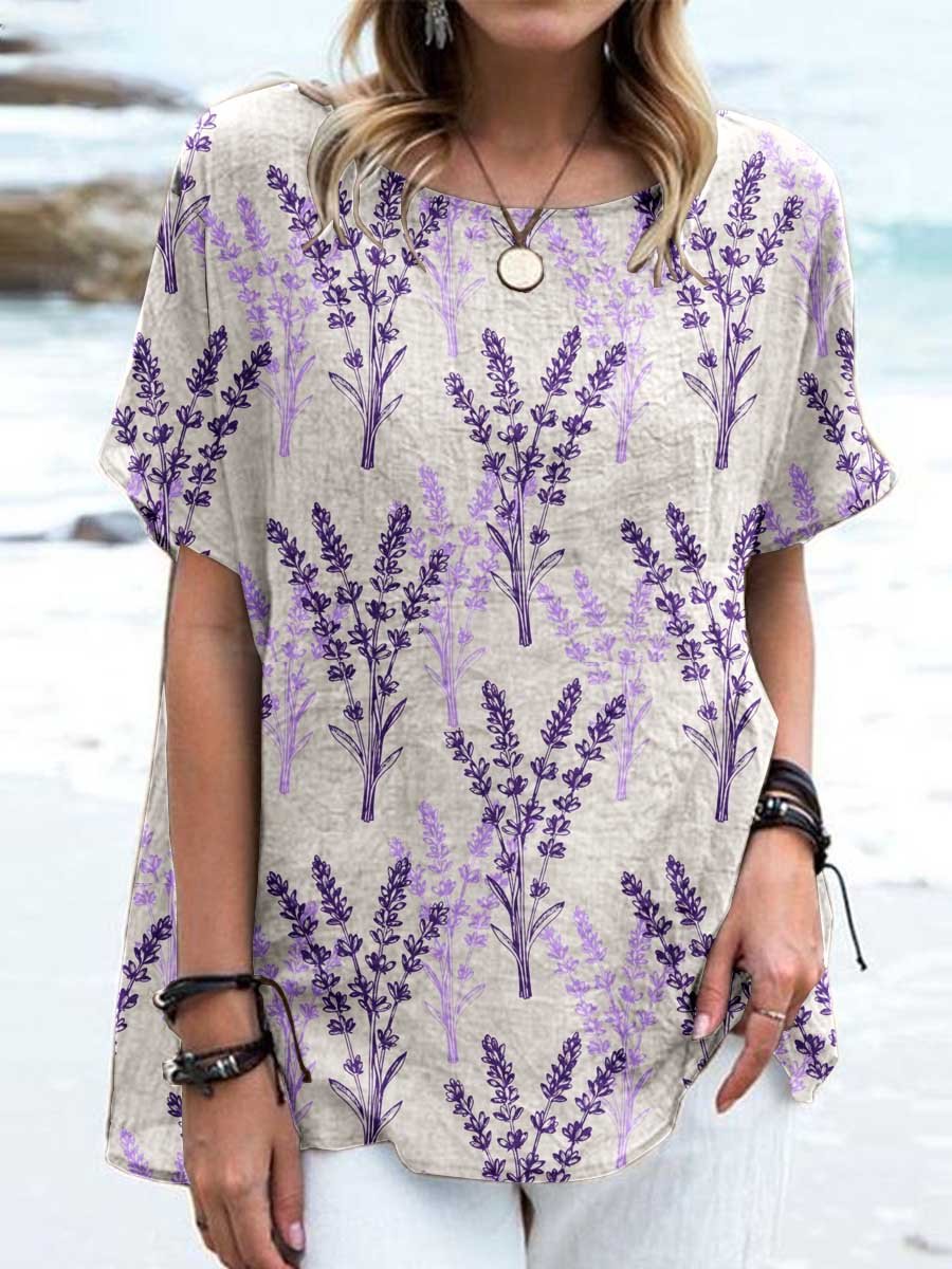 Women's Elegant Floral Cotton and Linen Crew Neck Top