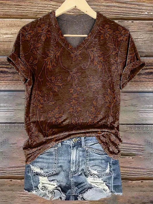 Women's Vintage Folk Flowers Print V-neck Casual T-Shirt