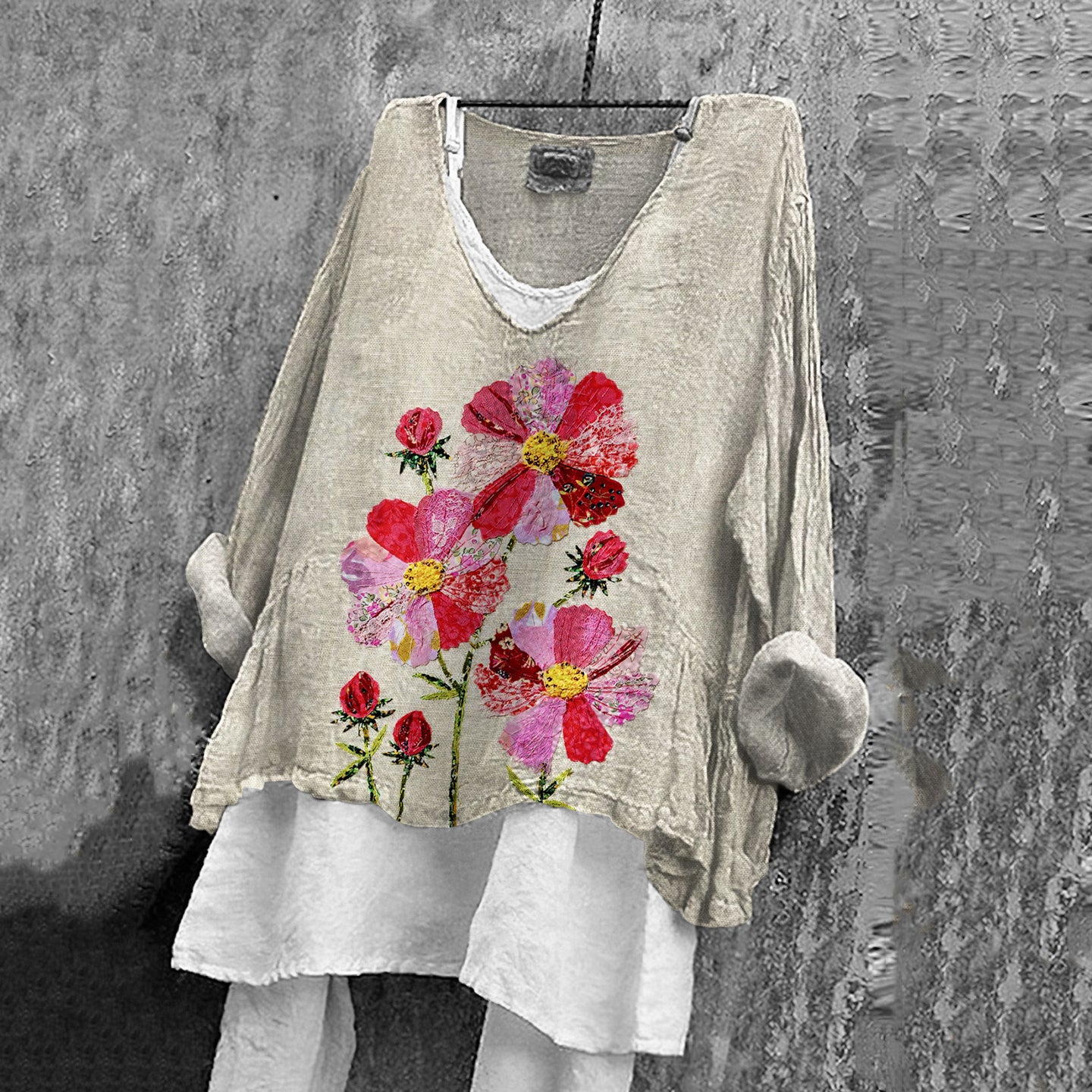 Comstylish Women's Vintage Flower Embroidery Art Linen T-shirt