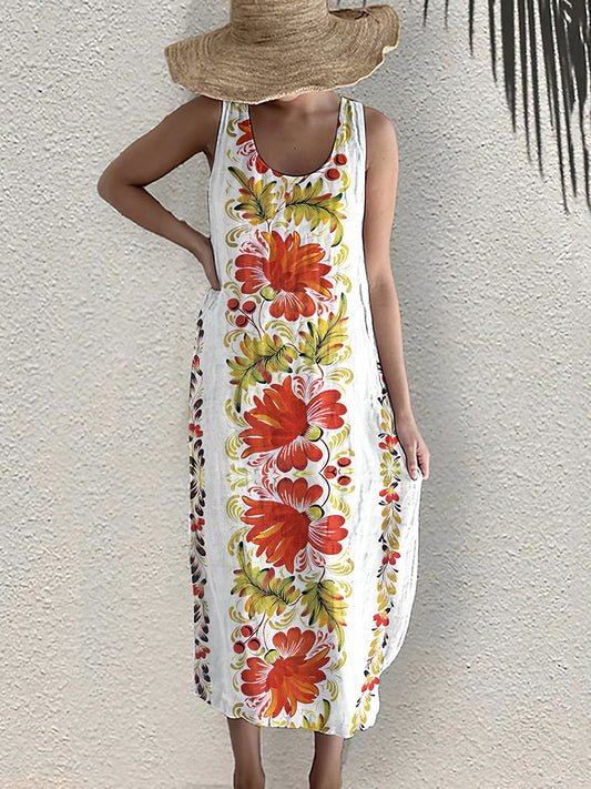 Red Botanical Flower Pattern Sleeveless Dress