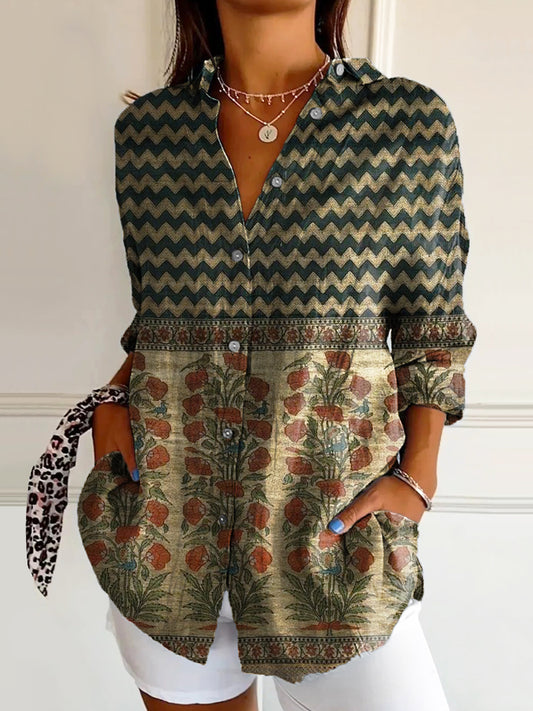 Women's Vintage Bohemian Floral Art Print Casual Cotton Shirt