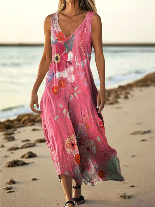 Women's Folk Art Floral Print V-neck Sleeveless Pocket Cotton Dress