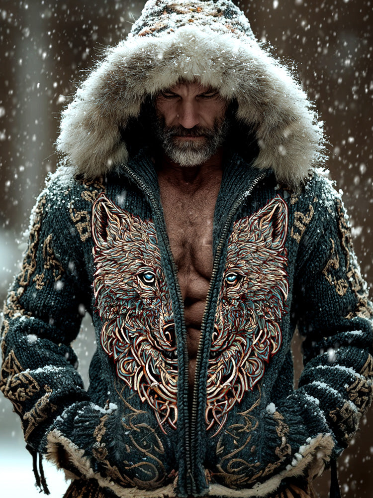 Men's Retro Viking Wolf Embroidered Print Hooded Jacket elevenforest