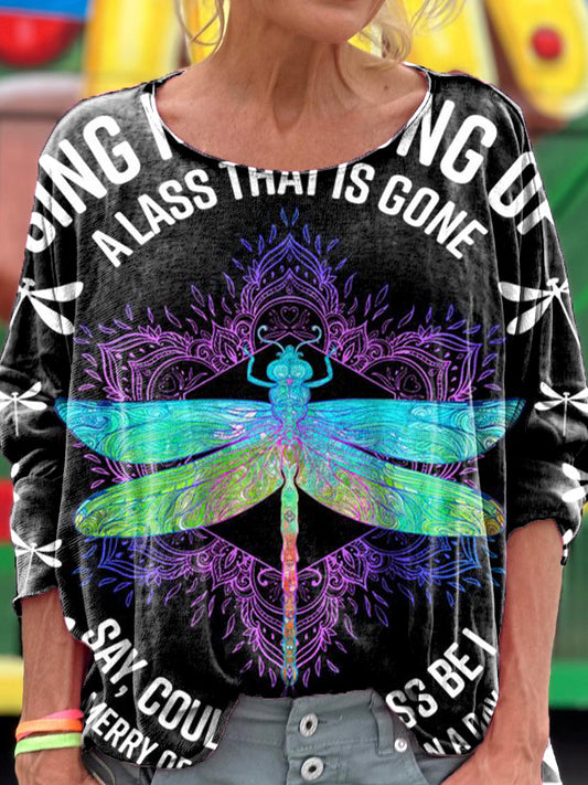 Women's Hippie Dragonfly Art Print Casual Long Sleeve T-shirt
