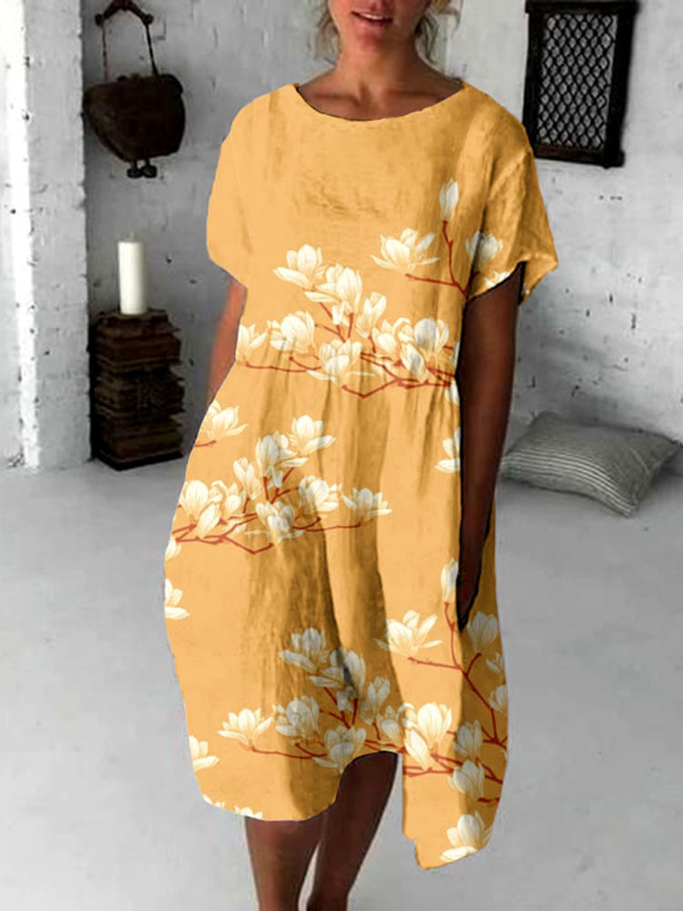 Vintage Japanese Art Magnolia Flower Flowy Midi Dress