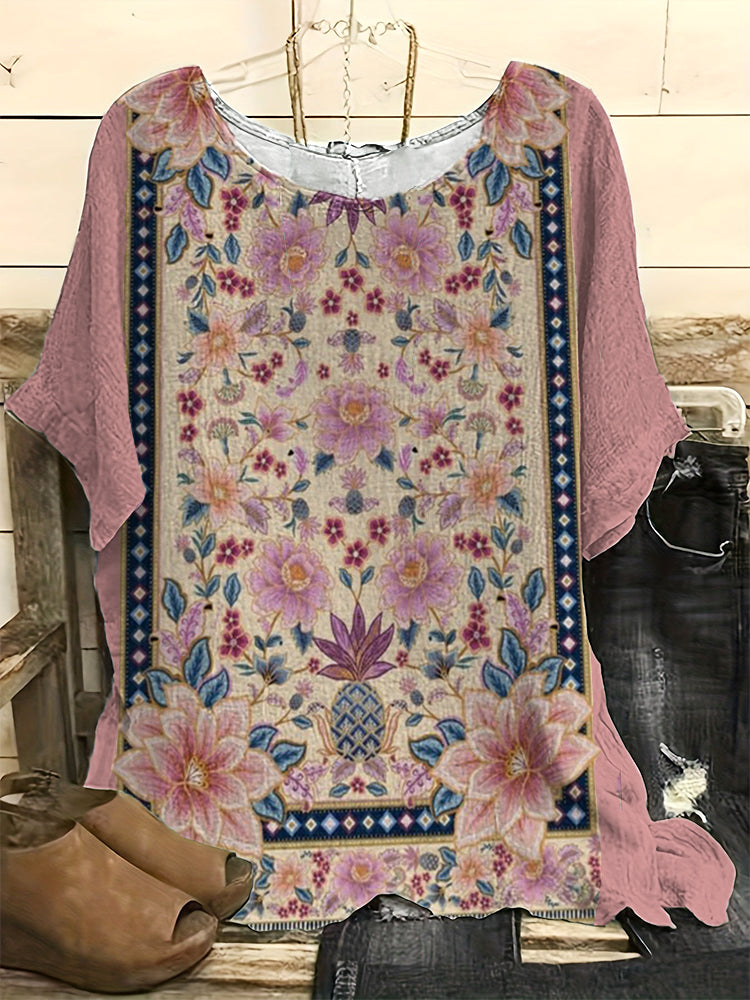 Comstylish Vintage Floral Art Print Casual Linen Blend Shirt
