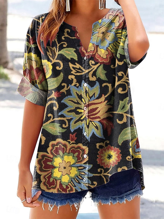 Women's Folk Floral Art Printed Casual Short Sleeve Cotton and Linen S