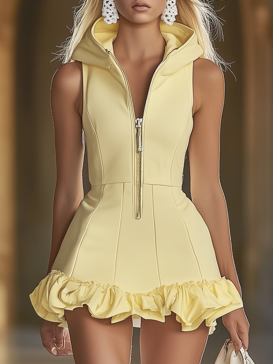 Fashion Slim Fit Goose Yellow Front Zip Hooded Ruffle Sleeveless Mini Dress